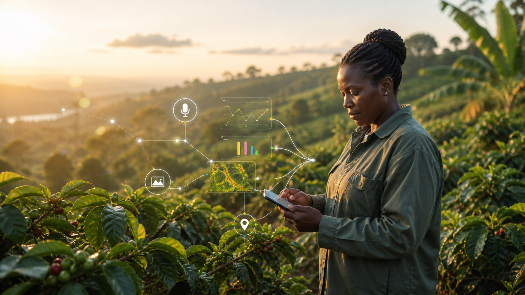 Coffee field operator using a phone among coffee trees with subtle farm intelligence overlays