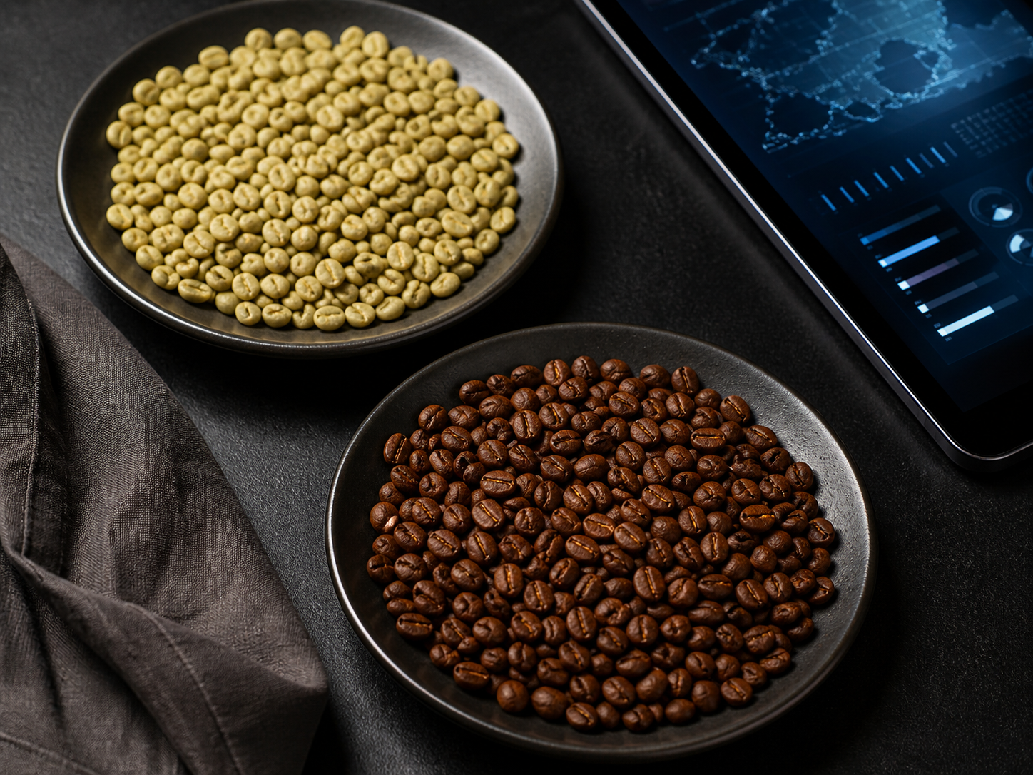 Raw green coffee beans and roasted coffee beans beside a digital record screen
