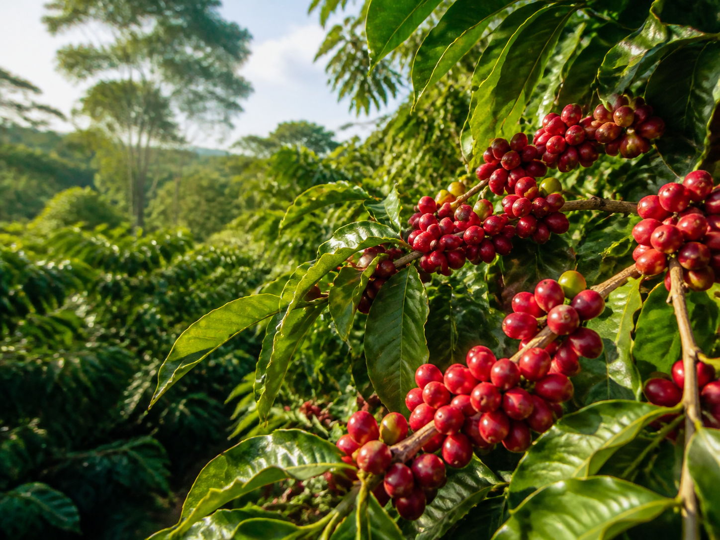 Ripe red coffee berries on coffee trees