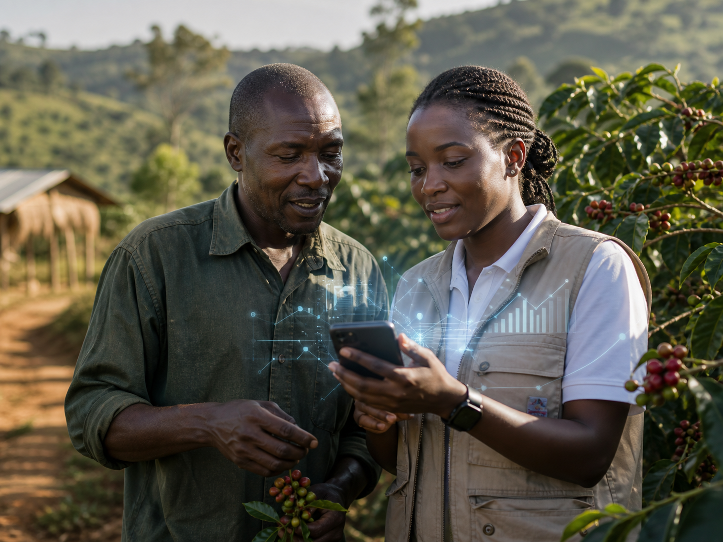 Coffee farmer and field operator reviewing a phone beside coffee trees